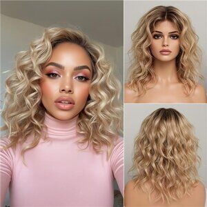 Ombre Honey Blonde Curly Wave Wig | Lace Front, Shoulder Length, Glueless,